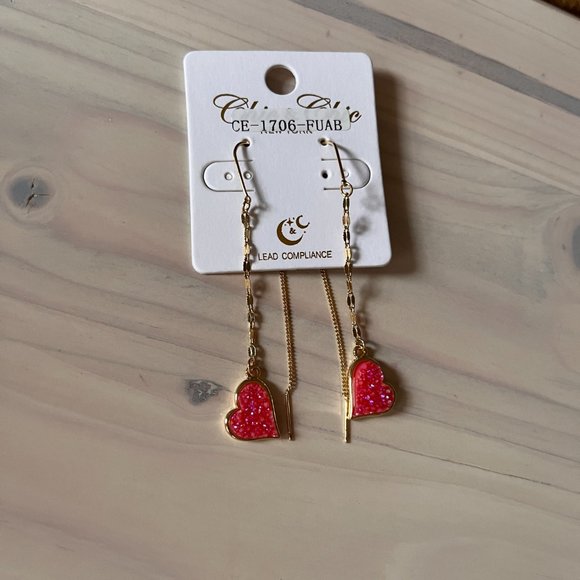 Pink Druzy Heart Threader Earrings for Women - Sparkly Gold Long Chain Dangles - Picture 6 of 6